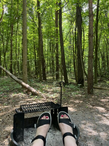 Photo of feet with red painted toesnails in black sandals kicked up and relaxing in a forest.